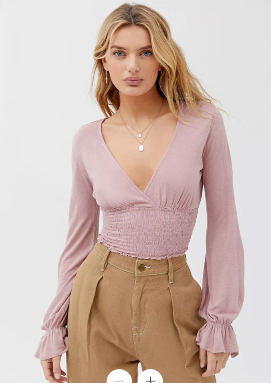 Urban Outfitters Taran Smocked Surplice Cropped Top Long Sleeve Sz S